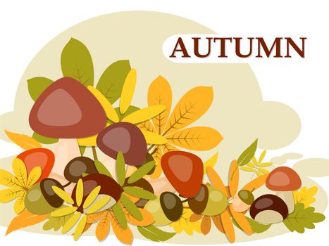 Beautiful background with leaves of mushrooms and acorns for your greeting card or congratulations. illustration