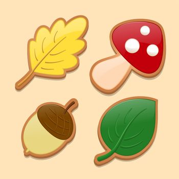 Leaf, mushroom, acorn in the form of cookies on the background. Autumn mood. illustration