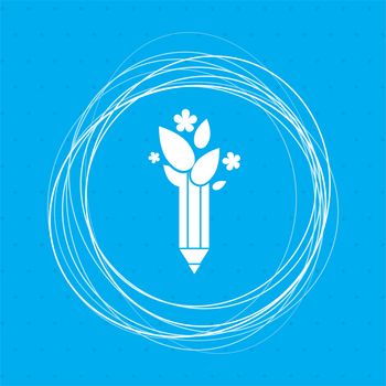 Ecology pencil, eco pen icon on a blue background with abstract circles around and place for your text. illustration