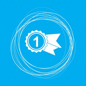 award, badge with ribbons icon on a blue background with abstract circles around and place for your text. illustration