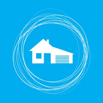 house with garage icon on a blue background with abstract circles around and place for your text. illustration