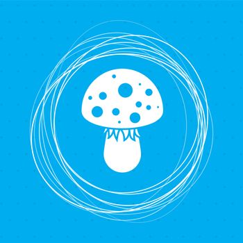 fly agaric mushroom icon on a blue background with abstract circles around and place for your text. illustration