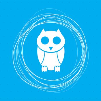 Cute owl cartoon character icon on a blue background with abstract circles around and place for your text. illustration