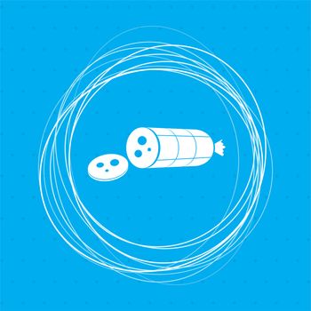 Smoked sausage sliced Icon on a blue background with abstract circles around and place for your text. illustration