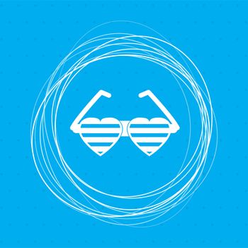 sunglasses in the form of heart icon on a blue background with abstract circles around and place for your text. illustration