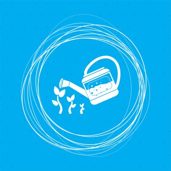 Watering can on a blue background with abstract circles around and place for your text. illustration