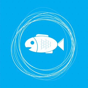 Fish icon on a blue background with abstract circles around and place for your text. illustration