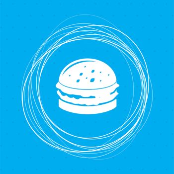 Burger, sandwich, hamburger icon on a blue background with abstract circles around and place for your text. illustration