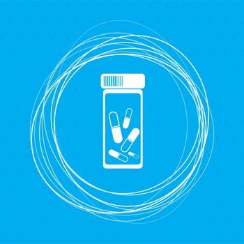 Pills, medication icon on a blue background with abstract circles around and place for your text. illustration