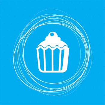cupcake, muffin icon on a blue background with abstract circles around and place for your text. illustration
