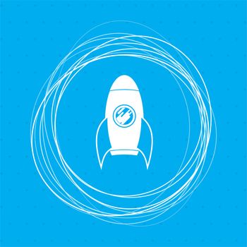 Rocket icon on a blue background with abstract circles around and place for your text. illustration