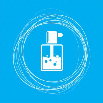 Perfume icon on a blue background with abstract circles around and place for your text. illustration