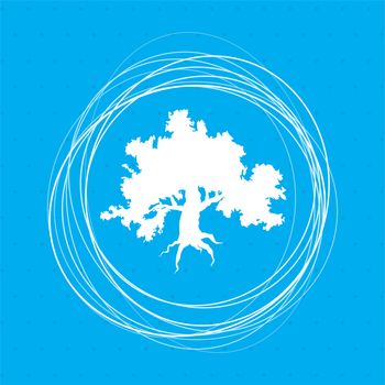 Decorative green simple tree icon on a blue background with abstract circles around and place for your text. illustration