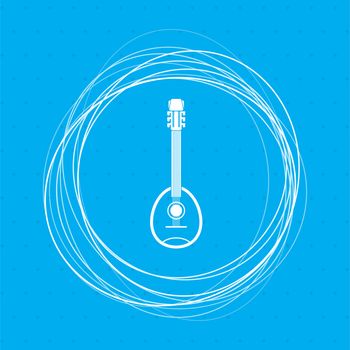 Guitar, music instrument icon on a blue background with abstract circles around and place for your text. illustration