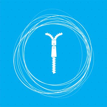 Zip icon on a blue background with abstract circles around and place for your text. illustration