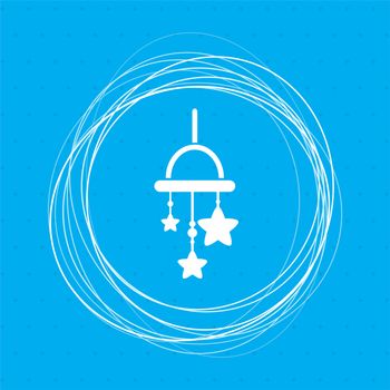 Baby crib hanging toy icon on a blue background with abstract circles around and place for your text. illustration