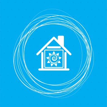 warm Home icon on a blue background with abstract circles around and place for your text. illustration