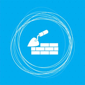 Trowel building and brick wall icon on a blue background with abstract circles around and place for your text. illustration