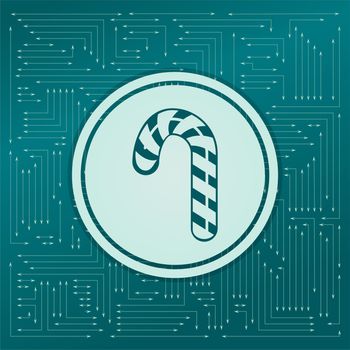 Christmas peppermint candy cane with stripes icon on a green background, with arrows in different directions. It appears on the electronic board. illustration