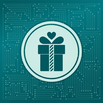 Gift box icon on a green background, with arrows in different directions. It appears on the electronic board. illustration