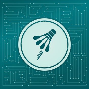 Shuttlecock, badminton, tennis icon on a green background, with arrows in different directions. It appears on the electronic board. illustration