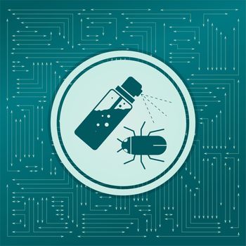 Mosquito spray, Bug Spray icon on a green background, with arrows in different directions. It appears on the electronic board. illustration