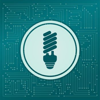 Energy saving light bulb icon on a green background, with arrows in different directions. It appears on the electronic board. illustration