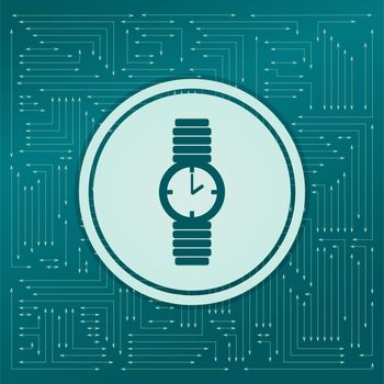 watch icon on a green background, with arrows in different directions. It appears on the electronic board. illustration