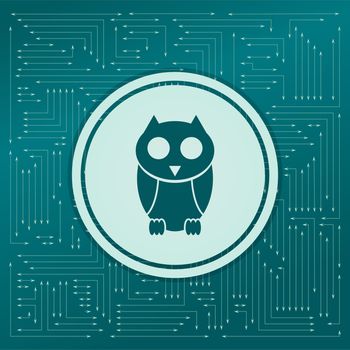 Cute owl cartoon character icon on a green background, with arrows in different directions. It appears on the electronic board. illustration