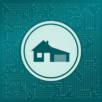 house with garage icon on a green background, with arrows in different directions. It appears on the electronic board. illustration