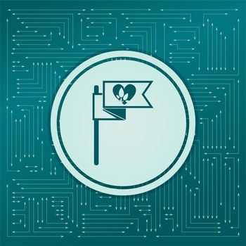 Flag, heart icon on a green background, with arrows in different directions. It appears on the electronic board. illustration