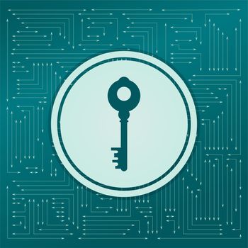 Key Icon on a green background, with arrows in different directions. It appears on the electronic board. illustration