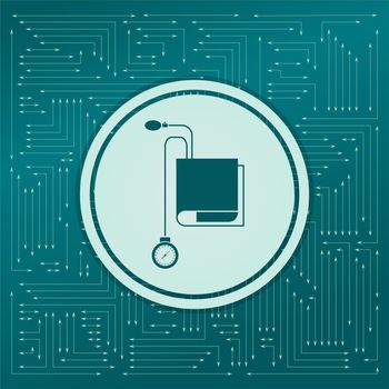 Tonometer Icon. Blood Pressure Checker Icon on a green background, with arrows in different directions. It appears on the electronic board. illustration