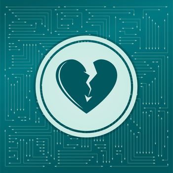 Broken heart icon on a green background, with arrows in different directions. It appears on the electronic board. illustration