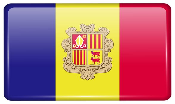 Flags of Andorra in the form of a magnet on refrigerator with reflections light. illustration