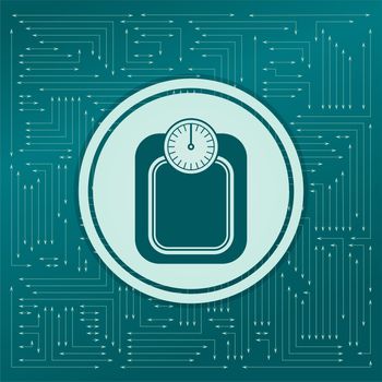 bathroom scales weighing calorie kilos kilogram icon on a green background, with arrows in different directions. It appears on the electronic board. illustration