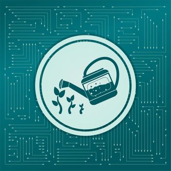 Watering can on a green background, with arrows in different directions. It appears on the electronic board. illustration