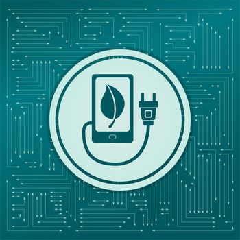 charge eco power, usb cable is connected to the phone icon on a green background, with arrows in different directions. It appears on the electronic board. illustration