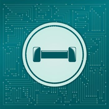 Dumbbell icon on a green background, with arrows in different directions. It appears on the electronic board. illustration