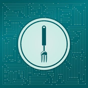 fork icon on a green background, with arrows in different directions. It appears on the electronic board. illustration