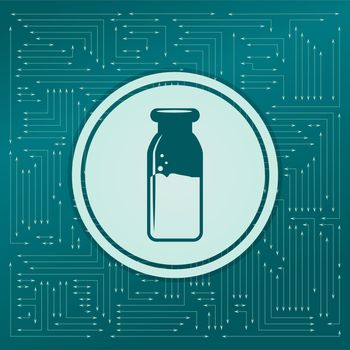 traditional bottle of milk icon on a green background, with arrows in different directions. It appears on the electronic board. illustration