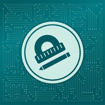 Protractor, ruler, pen icon on a green background, with arrows in different directions. It appears on the electronic board. illustration