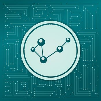 Molecule on a green background, with arrows in different directions. It appears on the electronic board. illustration