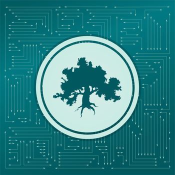 Decorative green simple tree icon on a green background, with arrows in different directions. It appears on the electronic board. illustration