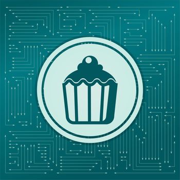 cupcake, muffin icon on a green background, with arrows in different directions. It appears on the electronic board. illustration