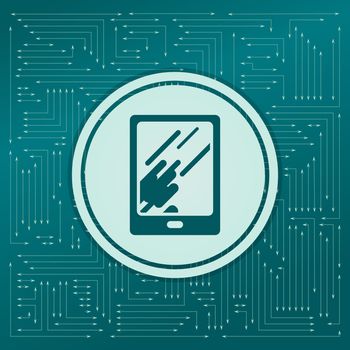 Tablet with the reflection of light icon on a green background, with arrows in different directions. It appears on the electronic board. illustration