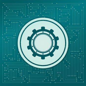 Gear, cog icon on a green background, with arrows in different directions. It appears on the electronic board. illustration