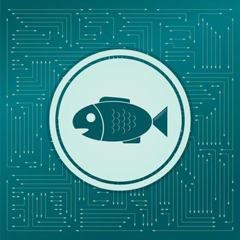 Fish icon on a green background, with arrows in different directions. It appears on the electronic board. illustration
