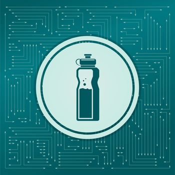 bottle of water icon on a green background, with arrows in different directions. It appears on the electronic board. illustration