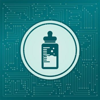 Baby milk bottle icon on a green background, with arrows in different directions. It appears on the electronic board. illustration